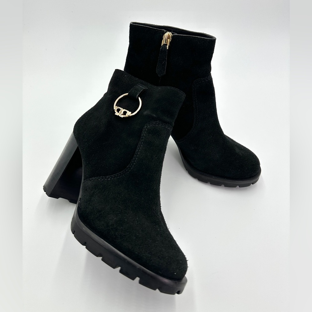Tory Burch‎ Sofia Black suede lug sole platform booties sz 6 leather